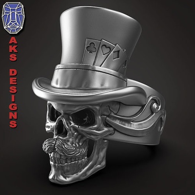 schädel ring schmuck zauberer v1 juwel biker fahrer punk magier nekromant charmeur hut deckel schnurrbart ertragen karten poker clown joker ringe 3d print model - Mito3D