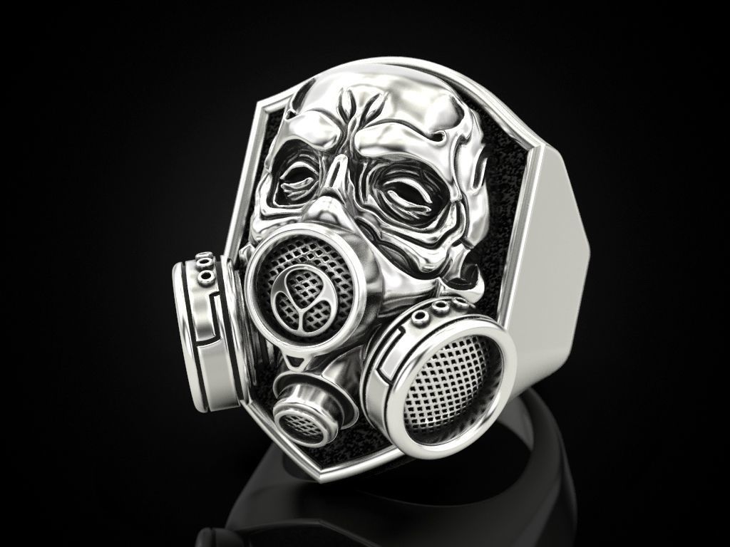 skull ring respirator gas mask man virus protection human jewelry jewellery design printing gold prototyping silver biker blackening texture rings 3D print model - Mito3D