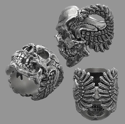 cráneo anillo alas 3d modelo impresión joyería joya cabeza esqueleto fantasía desafío anillos hueso ala cabezas ciclistas motociclista humano casco anatomía personaje 3d print model - Mito3D