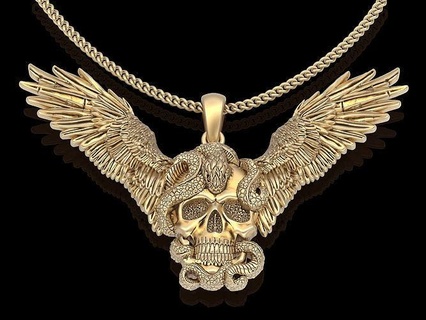 skull snake wing silver pendant gold printable jewelry 3d model wings zbrush design statue sculpture necklace sterling wedding man male pendants 3d print model - Mito3D
