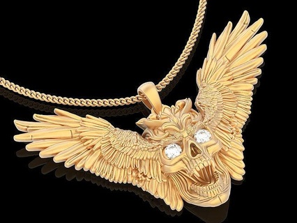 skull wings pendant silver gold printable jewelry 3d model design zbrush sterling statue sculpture engagement necklace fashion beauty gem luxury pendants 3d print model - Mito3D