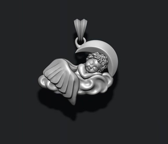 dormindo bebê anjo pingente Natal joalheria escultura pena asa ouro jóia jóias colar prata zbrush orar cupido céu lua Estrela pingentes 3D print model - Mito3D