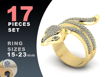 snake diamond rings set 1mm gems jewelry gold silver jewel printable jewellery fashion prototyping pack package eternity wedding marryme band luxury ring 3d print model - Mito3D
