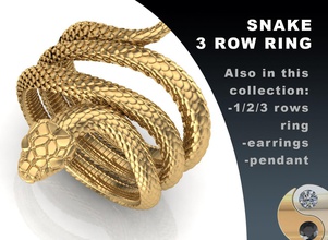 serpente anel 3 filas argolas joalheria ouro prata jóia imprimível jóias moda prototipagem pacote conjunto luxo 3d print model - Mito3D