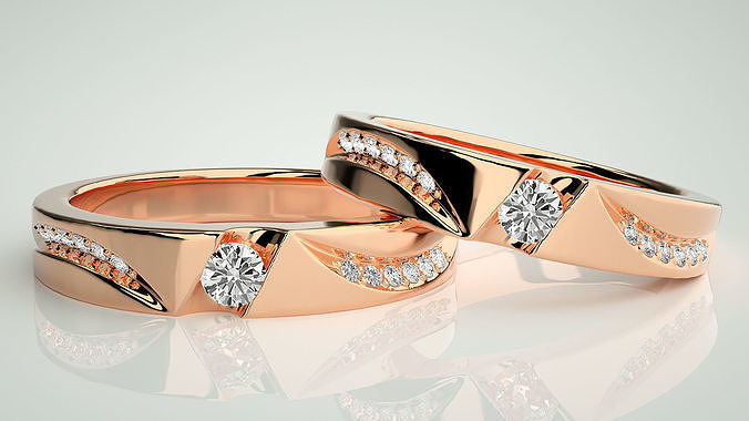 solitario Pareja banda anillo 3dm stl Boda compromiso joyería imprimible joya diamante oro novia novio anillos 3D print model - Mito3D