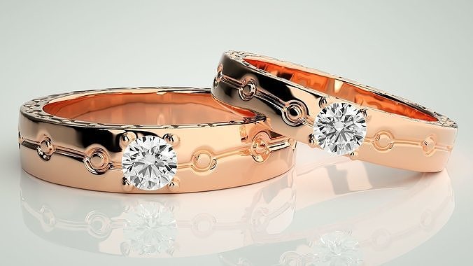 solitário casal banda anel 3dm stl render detalhe Casamento noivado jóias imprimível jóia diamante ouro joalheria noiva noivo gema argolas platina bandas 3D print model - Mito3D