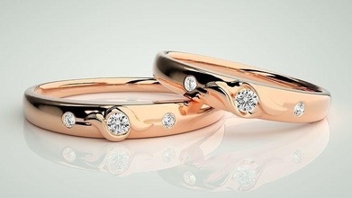 solitaire tri diamond çift grup yüzük 3dm stl vermek düğün nişan mücevher yazdırılabilir elmas altın takı gelin damat yüzükler platin bantlar 3d print model - Mito3D