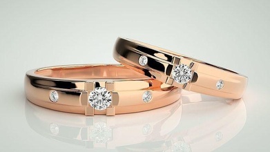Solitaire tri diamond çift grup yüzük 3dm stl vermek düğün nişan mücevher yazdırılabilir elmas altın takı gelin damat yüzükler 3d print model - Mito3D