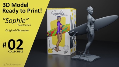 sophie sammlerstück 02 by ferolkreationen 3dprint druckbar formen drucken skulptur statue weiblich surfer printmymodel sculpt3d kunst skulpturen 3d print model - Mito3D