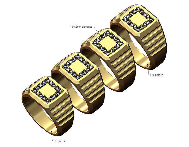 Quadrat Diamant gewellt Signet us Größen 7to10 Schmuck Gold Silber druckbar Rolex bling geriffelt sehen Ring Luxus Präsidentschaftswahl Verknüpfung Männer Herren 3d Modell Ringe 3D print model - Mito3D