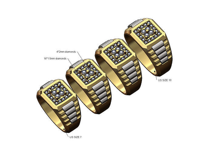 cuadrado presidencial enlace inserciones diamante anillo us tamaños 7to10 sello joyería joya oro plata imprimible caballeros hombres rolex costoso estriado lujo 3d modelo reloj anillos 3D print model - Mito3D