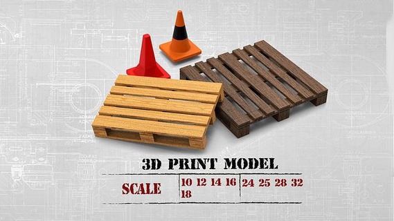 stl printable wood pallet road safety cones rc forklift storage garage car industrial custom diecast resin cargo diorama print hobby diy vehicle accessories automotive 3d print model - Mito3D