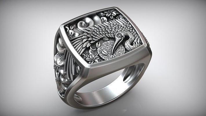 cigogne oiseau fleur traditionnel japonais ornement sceau shadoof grue soleil japon nature vent tatouage style chanceux bague modèle hommes art bijoux fabrication floral bas relief anneaux 3d print model - Mito3D