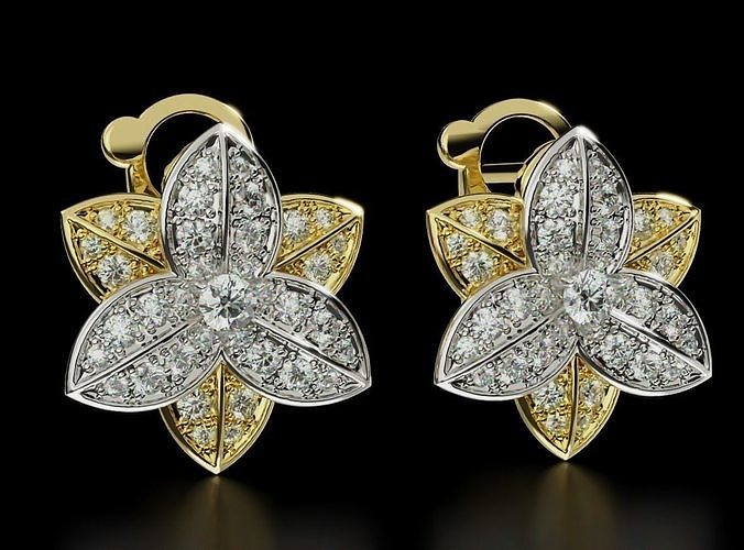 stylish flower earrings diamonds gold 684 3dprinted design fashion golden jewel jewellery jewelry print printabl printable printing prototyping silver 3D print model - Mito3D