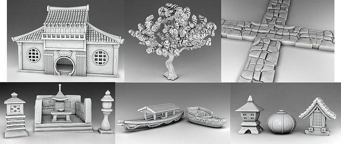 stylized japanese elements decor set part 2 house home houses traditional tradition sakura flashlights 3dmodels models 3dprinting games cartoon architecture interior toys 3d print model - Mito3D