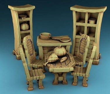 stylized middle ages kitchen decor medieval middleages knight house 3dmodels 3dprinting games interior elements meat table chair pan wardrobe age toys 3d print model - Mito3D