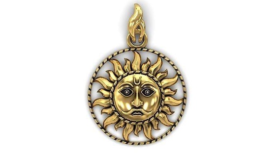 sun pendant god deity indian face head jewelry jewellery sculpture gold silver precious luxury art charm statue necklace power energy pendants 3d print model - Mito3D