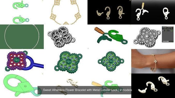 sweet alhambra flower bracelet metal lobster lock 3d gold jewelry jewellery matrix rhino silver cad 3d print model - Mito3D