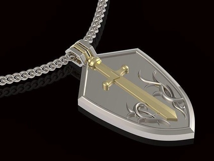 sword shield pendant gold printable 3d model armor knight warrior manly war jewelry silver sterling amored valentine weapon pendants 3d print model - Mito3D