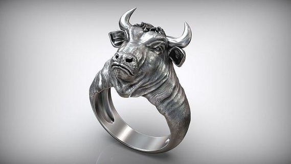 taurus bull head horns men silver ring bulls animal buffalo printable black sculpture wild jewelry making gold bronze casting art cow rings 3d print model - Mito3D