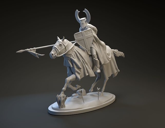 teutónico caballero cargando destinado 3d impresión escultura estatua caballería figurilla guerrero medieval guerra cruzado caballo jinete imprimible figura miniatura arte esculturas 3D print model - Mito3D