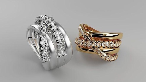 three piece attraversare squillare diamanti oro stampabile gioielleria gioiello diamante argento moda platino crossover nozze gemma engagement bianca brillante anelli 3d print model - Mito3D