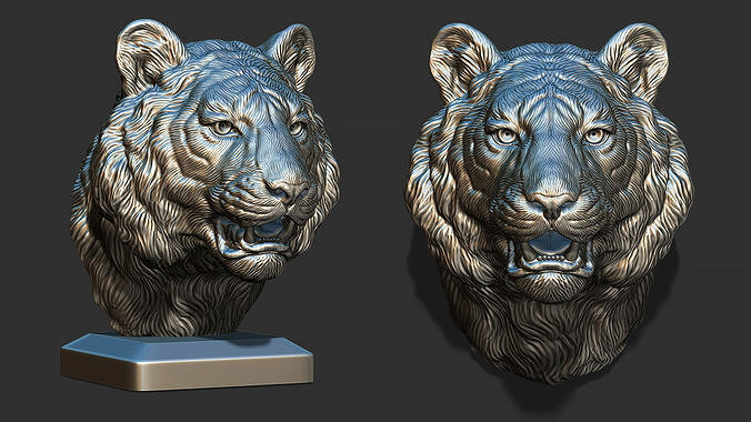 tiger bust grin roar wild lion sculpture art head statue decor printable miniatures pendants lioness medallion cnc relief jewelry sculptures 3D print model - Mito3D