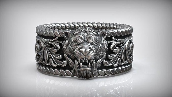 tiger head engraved pattern wild band floral nature engrav cutting cnc milling wedding zoo oxidized blackened ornament panther predator animal jewelry rings 3d print model - Mito3D