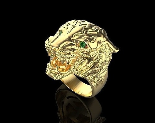 tigre testa squillare pietre preziose anello d'oro d'argento gioielleria ghiaccio bagliore goldtiger gatto leone animali oro argento diamante zaffiro smeraldo anelli 3d print model - Mito3D