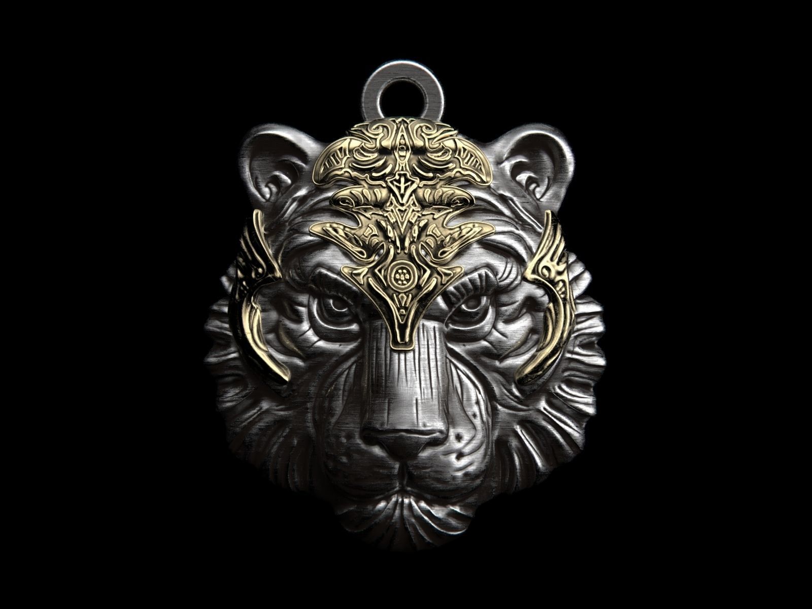 tiger pendant 3d printable decoration gold ornate silver statue jewelry pendants ring headtiger jewel jewellery pradator ringtiger leon puma panther animal rings 3D print model - Mito3D