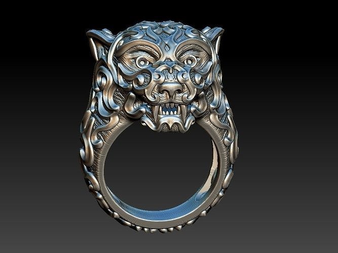 tigre bague lion léopard chat once panthère puma félin leao tête diriger visage neige neve bengale montagne nature bijoux anneaux 3D print model - Mito3D