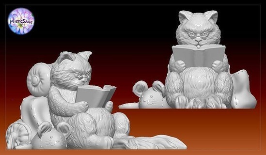 viajero gato apoya necesario mullido persa ratón almohadas libro leyendo lentes cuentos cámping descansando fantasía lindo Arte esculturas 3d print model - Mito3D