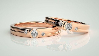 tri diamond Solitaire çift grup yüzük 3dm stl vermek düğün nişan mücevher yazdırılabilir elmas altın takı yüzükler gelin damat 3d print model - Mito3D