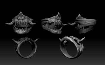 troll jaw ring face mask head gold silver jewel jewelry scupture print printable sculpture rings skull teeth 3d print model - Mito3D