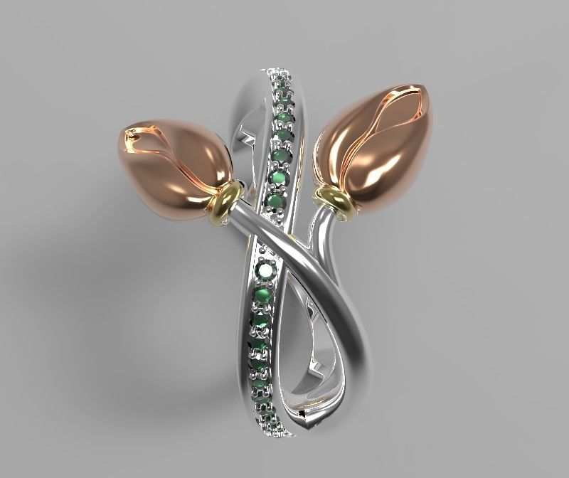 tulip two rings emeralds rose gold ring flower jewelry luxury 3D print model - Mito3D
