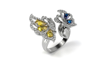 dois buterfly coctail anel jóias printable de prata platina diamante pêra brilhantes moda beleza safira citrino anéis 3d print model - Mito3D