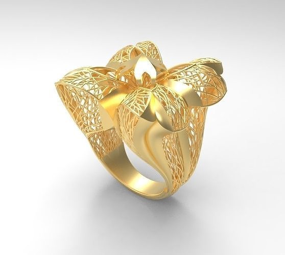 ultra vision flower leaf gold ring - eu 57 jewelry islamic fashion rich wedding gem women rings printable desing spiral winding arabic big eu57 3D print model - Mito3D