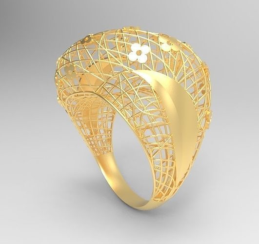 ultra vision wire netting flowers gold ring - eu 59 illustration luxury vertical jewelry rich gem women rings printable desing spiral winding geometric architecture eu58 rectangle fashion 3D print model - Mito3D