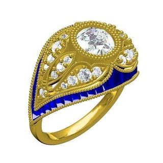 único Arte deco estilo diamante azul zafiro compromiso anillo oro joyería joya plata platino imprimible 3d canalla diseño anillos 3d print model - Mito3D
