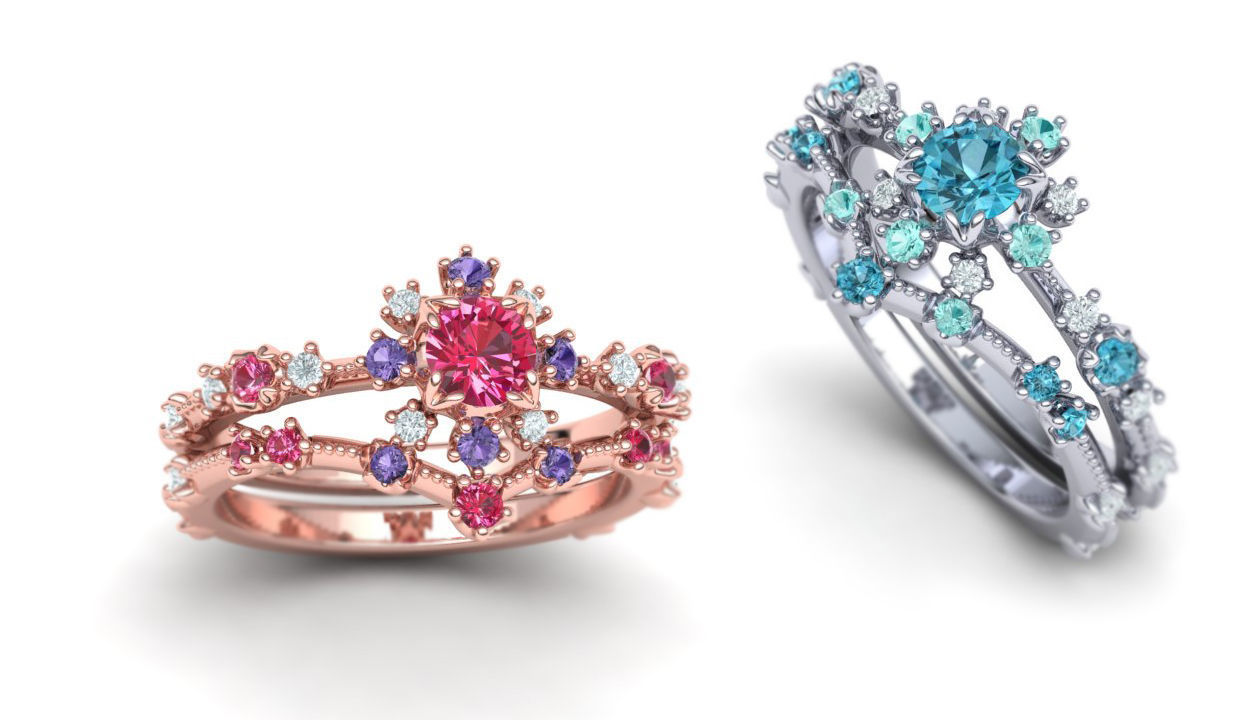 unico nozze impostato stampabile 3dmodel gioielleria uniaue anelli nuziale squillare moda rubino diamanti zaffiro speciale premio uniti d'america canada messico italia gioiello 14k oro 3D print model - Mito3D