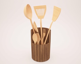 utensils set of kitchen in wooden container spoon houseware dish kitchenware utensil knife tableware restaurant fork bladed weapon spatula ladle cutlery cooking wood house dining 3d print model - Mito3D