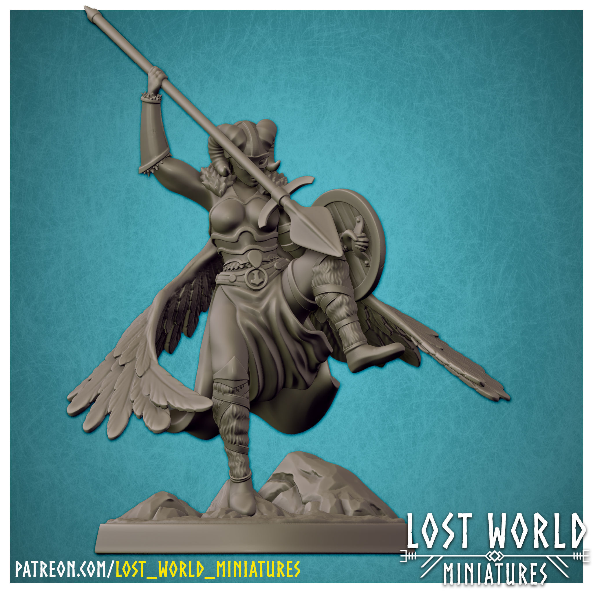 valchiria miniatura supported posa 3d stampabile valchirie miniature tavolo ttrpg mitologia fantasia 3dprint norvegese lance figurina passatempo guerriero valhalla creatura vichingo tavola giochi giocattoli 3D print model - Mito3D