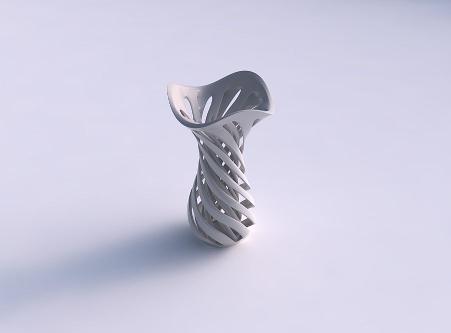 vaso curva funil superior trançado duas camadas de linhas torcida ondulado a casa curvo topo em decoração 3D print model - Mito3D