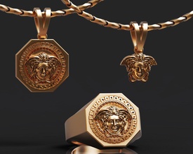 versace meduse kopf ring anhänger gorgon frau logo solide schmuck mode männlich weiblich halskette gold silber medaille schönheit juwel 3d print model - Mito3D