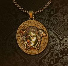 versace pendentif méduse crâne marque logo célèbre réplique symbole dieux mythe mythologie magique fantaisie romain bijoux or argent grec soulagement pendentifs 3d print model - Mito3D