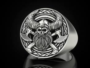 vikingo cráneo anillo skul ax joyería joya impresión 3dprinted imprimible anillos dorado oro prototipos plata motociclista ennegrecimiento textura 3d print model - Mito3D