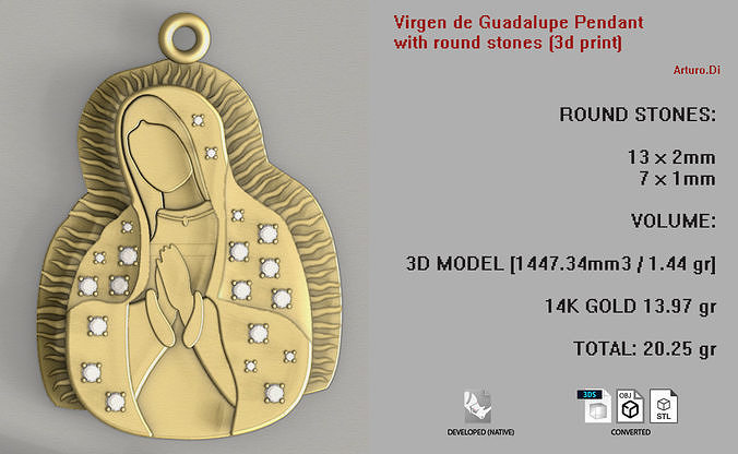 virgen guadalupe pingente pedras jóia ouro prata imprimível diamante jóias gema brilhante joalheria virgem católico esterlina fundida pingentes 3D print model - Mito3D