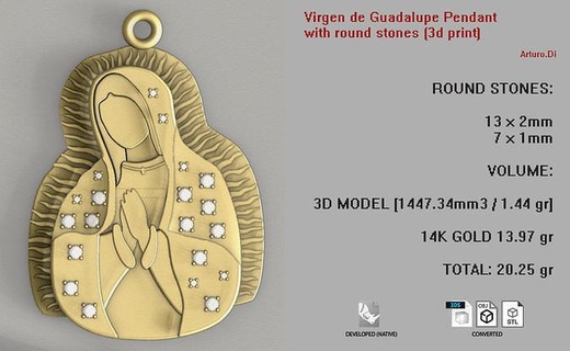virgen de guadalupe pendant stones jewel gold silver printable diamond jewellery gem brilliant jewelry virgin catholic sterling cast pendants 3d print model - Mito3D