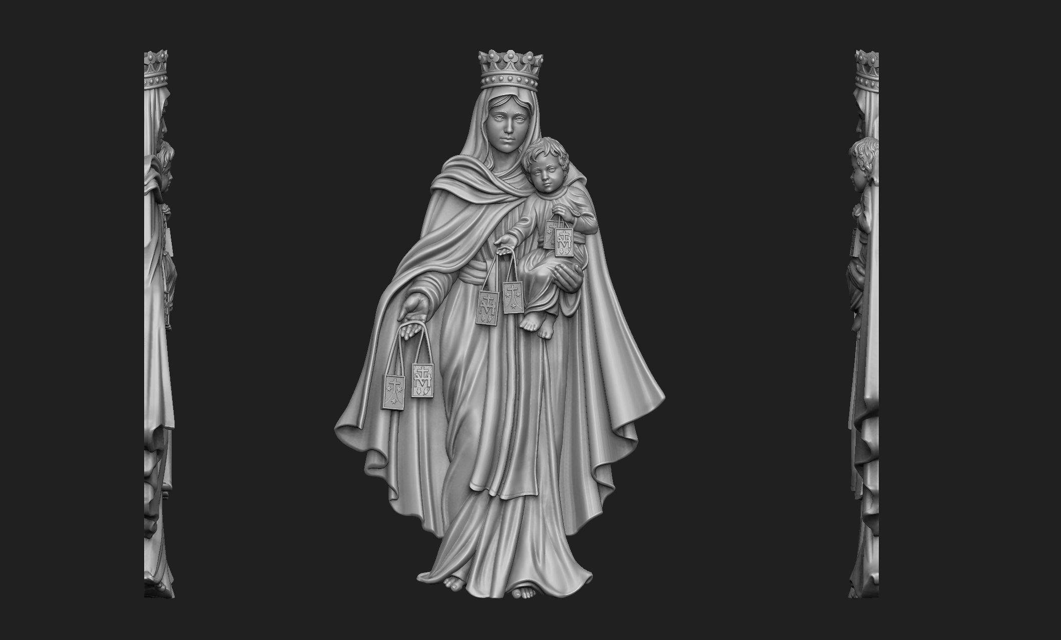 virgen carmen bas relief vergine maria carmelo madre gesù santo bibbia pendente medaglione gioielleria cristo cristiano cnc ritratto chiesa religioso cattolico arte sculture 3D print model - Mito3D