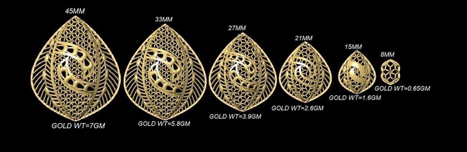 vrpnd2697 gold blatt ohrring größe diagramm anhänger halskette ohrringe drucken größen jaali scrollen muster schmuck 3d print model - Mito3D